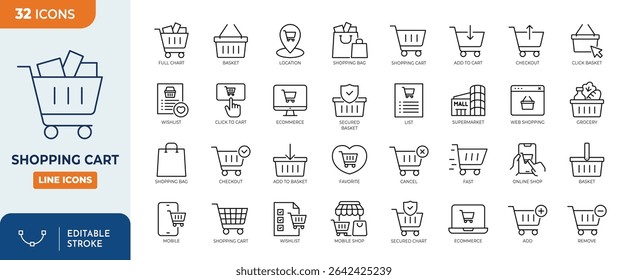 Shopping cart line editable icon set. Contain icons related to shopping cart, shopping basket, shopping bag, and more. Editable stroke. Vector illustration