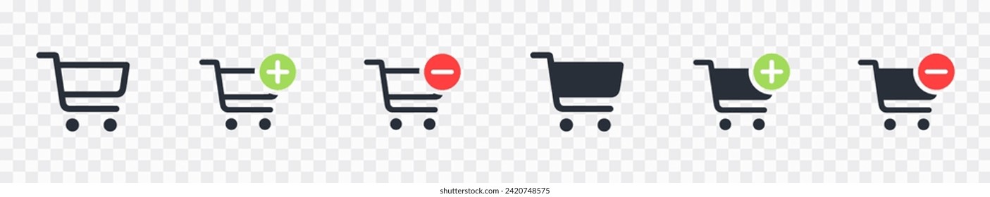 Shopping cart line and glyph icons set, flat design. Isolated on white background. Collection of web icon for online store, website. Add to cart, minus, delete product. Vector illustration.