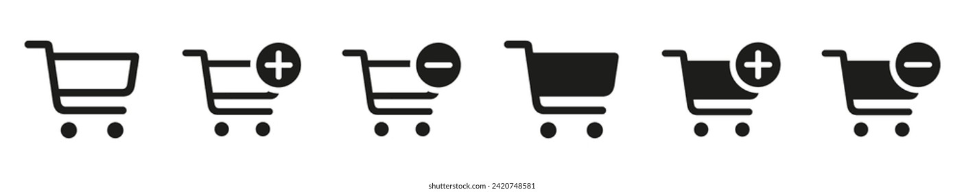 Shopping cart line and glyph icons set, flat design. Isolated on white background. Collection of web icon for online store, website. Add to cart, minus, delete product. Vector illustration.