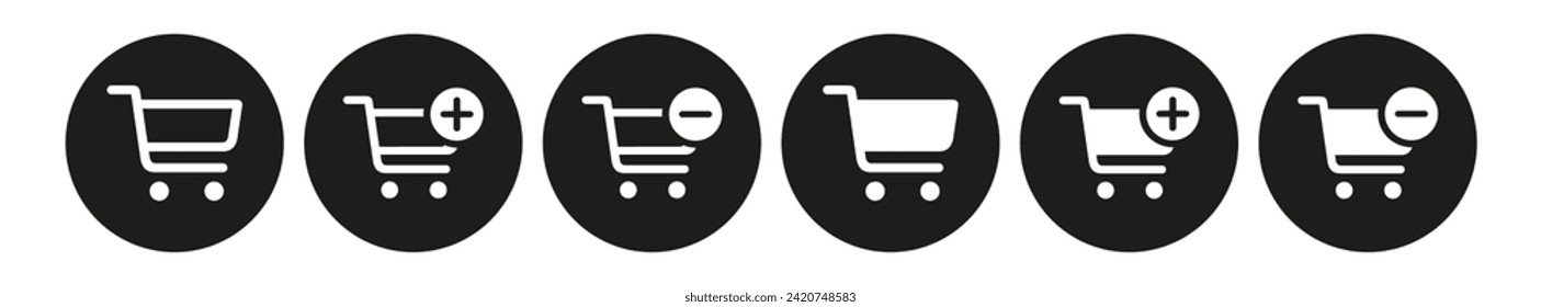 Shopping cart line and glyph icons set, flat design. Isolated on white background. Collection of web icon for online store, website. Add to cart, minus, delete product. Vector illustration.