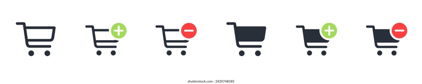 Shopping cart line and glyph icons set, flat design. Isolated on white background. Collection of web icon for online store, website. Add to cart, minus, delete product. Vector illustration.