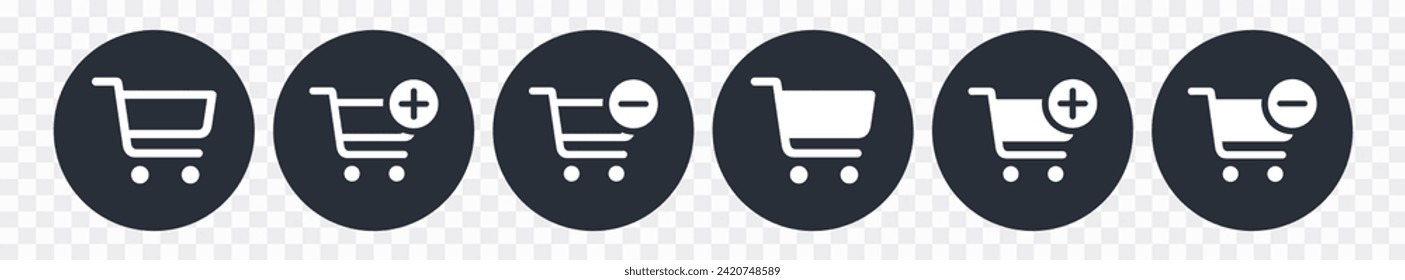 Shopping cart line and glyph icons set, flat design. Isolated on white background. Collection of web icon for online store, website. Add to cart, minus, delete product. Vector illustration.