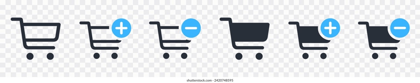 Shopping cart line and glyph icons set, flat design. Isolated on white background. Collection of web icon for online store, website. Add to cart, minus, delete product. Vector illustration.