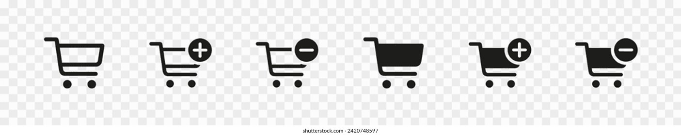 Shopping cart line and glyph icons set, flat design. Isolated on white background. Collection of web icon for online store, website. Add to cart, minus, delete product. Vector illustration.