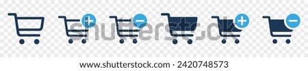 Shopping cart line and glyph icons set, flat design. Isolated on white background. Collection of web icon for online store, website. Add to cart, minus, delete product. Vector illustration.