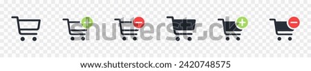 Shopping cart line and glyph icons set, flat design. Isolated on white background. Collection of web icon for online store, website. Add to cart, minus, delete product. Vector illustration.