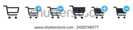 Shopping cart line and glyph icons set, flat design. Isolated on white background. Collection of web icon for online store, website. Add to cart, minus, delete product. Vector illustration.