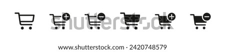 Shopping cart line and glyph icons set, flat design. Isolated on white background. Collection of web icon for online store, website. Add to cart, minus, delete product. Vector illustration.