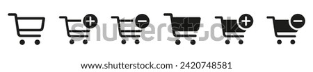 Shopping cart line and glyph icons set, flat design. Isolated on white background. Collection of web icon for online store, website. Add to cart, minus, delete product. Vector illustration.