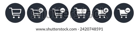 Shopping cart line and glyph icons set, flat design. Isolated on white background. Collection of web icon for online store, website. Add to cart, minus, delete product. Vector illustration.