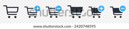 Shopping cart line and glyph icons set, flat design. Isolated on white background. Collection of web icon for online store, website. Add to cart, minus, delete product. Vector illustration.