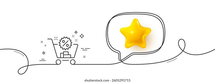 Shopping cart line icon. Continuous line with 3d star. Sale discounts sign. Clearance symbol. 3d star in speech bubble. Shopping cart single line ribbon. Loop curve pattern. Vector
