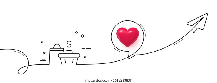 Shopping cart line icon. Continuous line with share plane. Customer sale bag sign. Supermarket purchases symbol. 3d heart in speech bubble. Sale bags single line ribbon. Loop curve pattern. Vector
