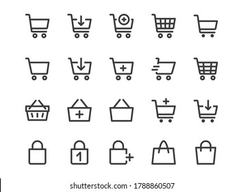 Shopping Cart Line Icon. Minimal Vector Illustration. Included Simple Outline Icons As Trolley, Supermarket Basket, Shop Bag, Add Item, E-commerce. Editable Stroke. Pixel Perfect