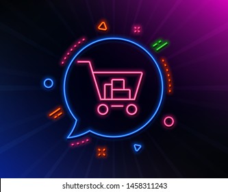 Shopping cart line icon. Neon laser lights. Online buying sign. Supermarket basket symbol. Glow laser speech bubble. Neon lights chat bubble. Banner badge with internet shopping icon. Vector