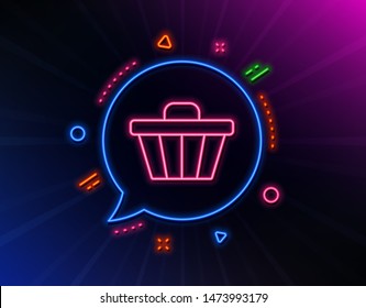 Shopping cart line icon. Neon laser lights. Online buying sign. Supermarket basket symbol. Glow laser speech bubble. Neon lights chat bubble. Banner badge with shop cart icon. Vector