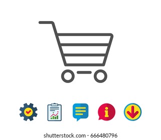 Shopping cart line icon. Online buying sign. Supermarket basket symbol. Report, Service and Information line signs. Download, Speech bubble icons. Editable stroke. Vector