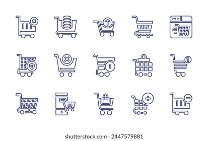 Shopping cart line icon set. Editable stroke. Vector illustration. Containing remove, shopping, add to cart, cart, online shopping, shopping online.