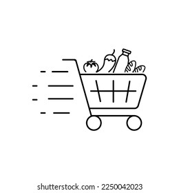 Shopping cart line icon. Simple outline style. Food and fruit full product cart, supermarket, basket checkout concept.