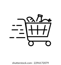 Shopping cart line icon. Simple outline style. Food and fruit full product cart, supermarket, basket checkout concept. Vector illustration isolated on white background. EPS 10.