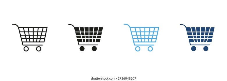 Línea De Carrito de compras Y Conjunto De Iconos Sólidos. Comercio Electrónico, Compras En Línea Y Colección De Símbolos De Silueta Y Esquema Del Mercado Minorista. Bienes Y Servicios De Consumo. Ilustración vectorial aislada.