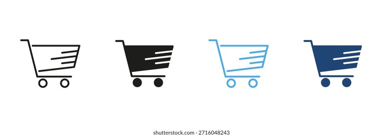 Línea De Carrito de compras Y Conjunto De Iconos Sólidos. Comercio Electrónico, Compras En Línea Y Colección De Símbolos De Silueta Y Esquema Del Mercado Minorista. Comercio Digital Y Bienes De Consumo. Ilustración vectorial aislada.