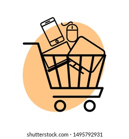 Shopping cart loaded with electronics. Electronic gadget shopping concept. 