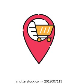 Shopping Cart with Location icon Vector Design. Shopping Cart icon with Location Pin design concept for e-commerce, online store and marketplace website, mobile, logo, symbol, button, sign, App UI