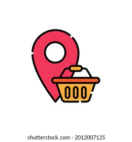 Carro de compras con el icono de ubicación Diseño del vector. Icono de carrito de compras con concepto de diseño de Pin de localización para comercio electrónico, tienda online y sitio web de mercado, móvil, logotipo, símbolo, botón, signo, interfaz de usuario de la aplicación