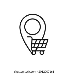 Warenkorb mit Location Symbol Vector Design. Warenkorb-Symbol mit Location Pin-Design-Konzept für E-Commerce, Online-Shop-und Marktplatz-Website, Mobile, Logo, Symbol, Button, Zeichen, App UI