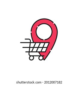Shopping Cart with Location icon Vector Design. Shopping Cart icon with Location Pin design concept for e-commerce, online store and marketplace website, mobile, logo, symbol, button, sign, App UI