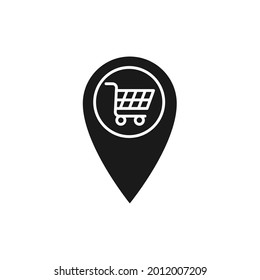 Carro de compras con el icono de ubicación Diseño del vector. Icono de carrito de compras con concepto de diseño de Pin de localización para comercio electrónico, tienda online y sitio web de mercado, móvil, logotipo, símbolo, botón, signo, interfaz de usuario de la aplicación
