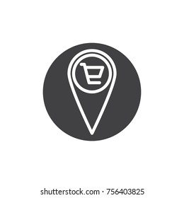 Shopping cart location pin icon vector, filled flat sign, solid pictogram isolated on white. Map marker with trolley symbol, logo illustration.