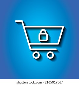 Shopping cart, lock simple icon vector. Flat design. White icon with shadow on blue background.ai