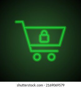 Shopping cart, lock simple icon vector. Flat design. Green neon on black background with green light.ai