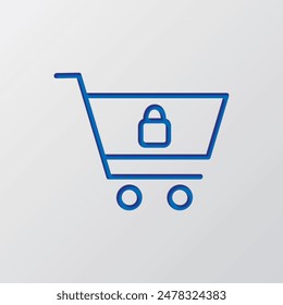 Shopping cart, lock simple icon vector. Flat design. Paper cut design. Cutted blue symbol with shadow. Gray background.ai