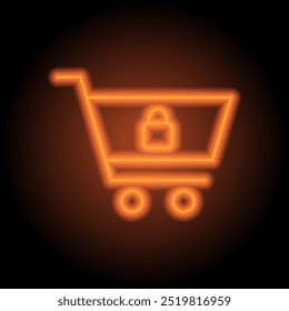 Carrinho de compras, bloqueio ícone simples vetor. Design plano. Néon laranja no fundo preto.ai