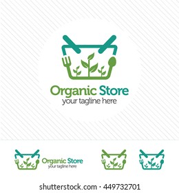 Shopping cart logo design vector ,abstract logo concept for organic store with fork, spoon and leafy plants.