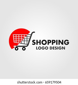 Shopping cart logo on red half circle. Abstract shopping logo. Online shop logo.