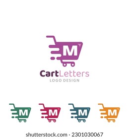 Shopping Cart Logo vector of trolley symbol design letter M business store icon online shop clipart