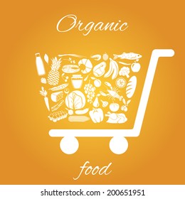 Shopping cart made of fruits vegetables meat and grocery healthy organic food concept vector illustration