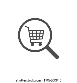 panier avec loupe. icône recherche de produits. Du verre à la recherche de shopping. Achetez en ligne, boutique en ligne. Icône vectorielle isolée sur fond blanc