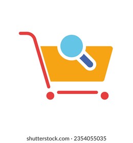 Shopping cart with magnifying glass line icon. Online purchase, online store, delivery, black friday, discounts. Vector colored icon on a white background for business