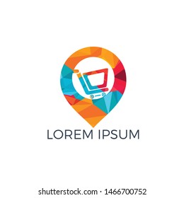 Shopping cart and map pointer logo design. Shopping mall GPS location pointer vector icon logo design template.
