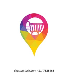 Shopping cart and map pointer logo design. Shopping mall GPS location pointer vector icon logo design template.