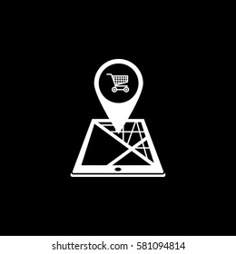 Shopping cart map pointer solid icon, mobile gps navigation and location, store pin on tablet vector graphics, a filled pattern on a black background, eps 10.