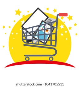 shopping cart with marketing set icons
