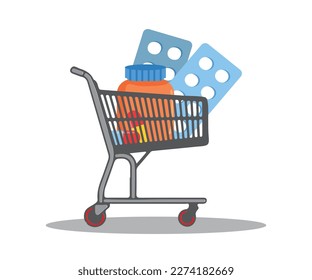 shopping cart with medication. Concept of buying of medicines, online sales of medication, healthcare and pharmacy business