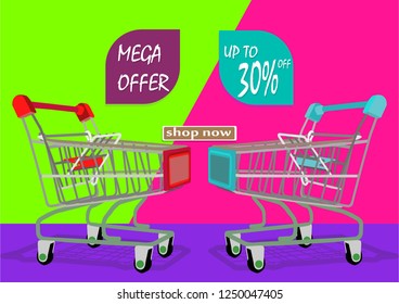 Shopping cart. Mega Offer and Up To 30% Off Shop Now text on green and pink background. E-commerce and business marketing concept. Vector Illustation EPS 10