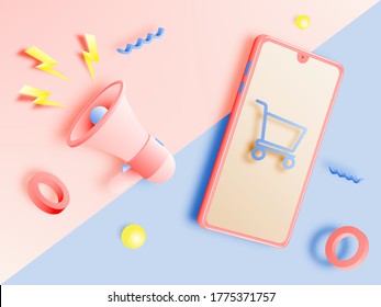 Shopping cart and Megaphone and mobile phone for sale banner in paper art style and pastel scheme vector illustration